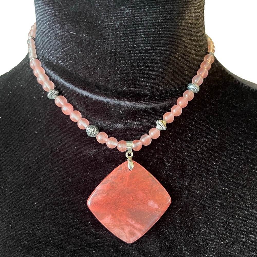 Strawberry Quartz Beaded Necklace with Silver Accents and Square Pendant - Picture 3 of 5
